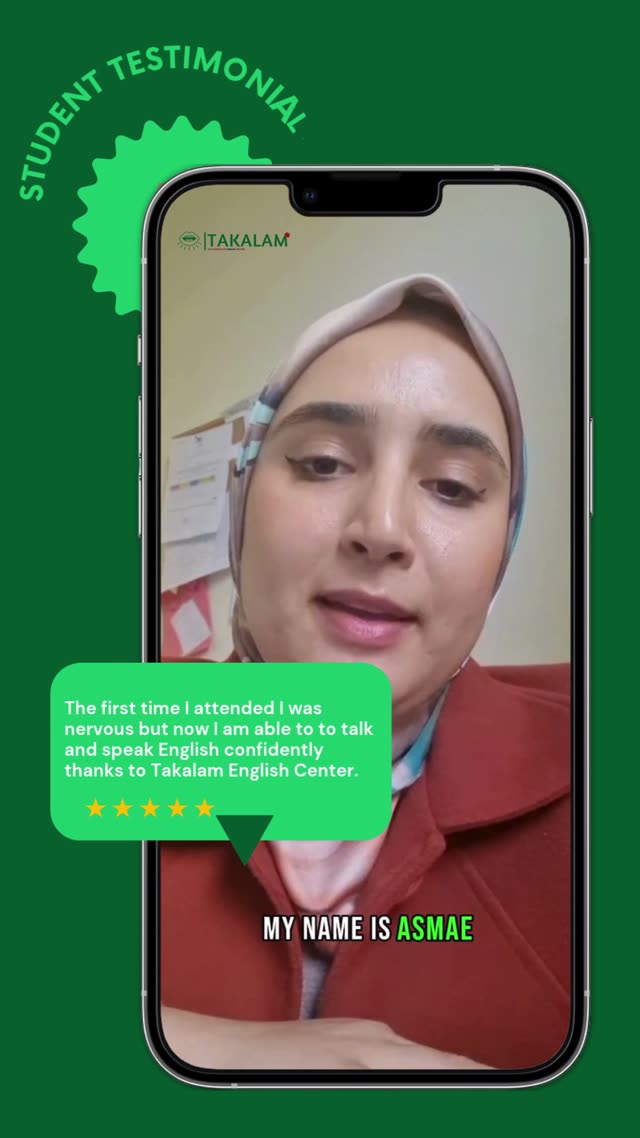 Asmae, a Takalam Speak student, saying that after being nervous at first, she can now speak English confidently.